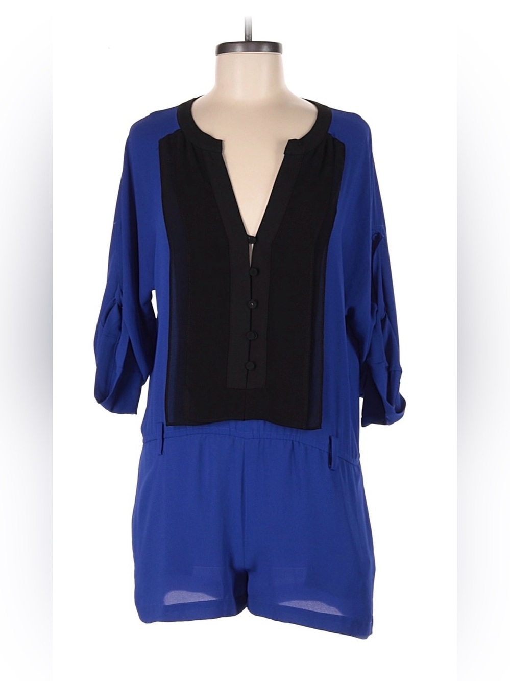 BCBGMaxAzria Royal Blue and Black V-Neck Elie Colorblock Romper